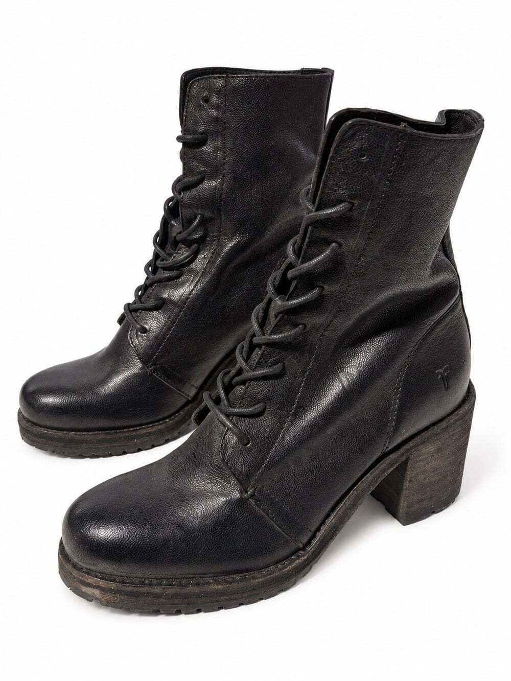 FRYE Boots Womens 5.5 B Black Leather Lace Up Combat Lug Sole Block Heel Mexico